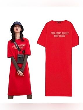 Red Crew Neck T-Shirt Dress with Short Sleeve Your Today Defines Your Future Med
